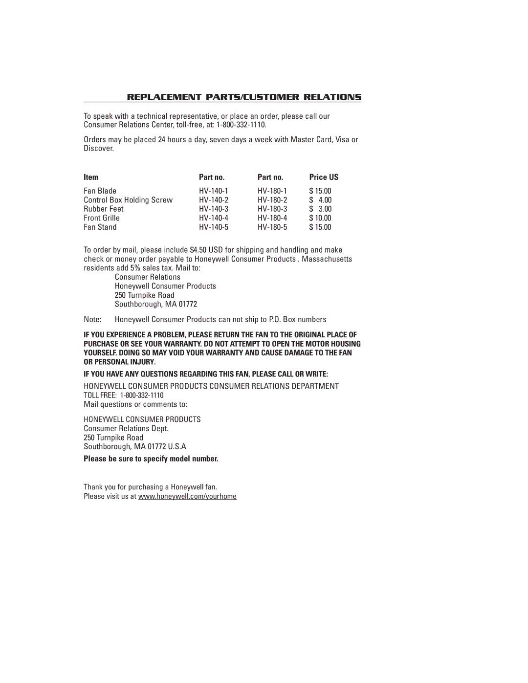 Honeywell HV140, HV180 Replacement PARTS/CUSTOMER Relations, Fan Blade HV-140-1 HV-180-1, Fan Stand HV-140-5 HV-180-5 
