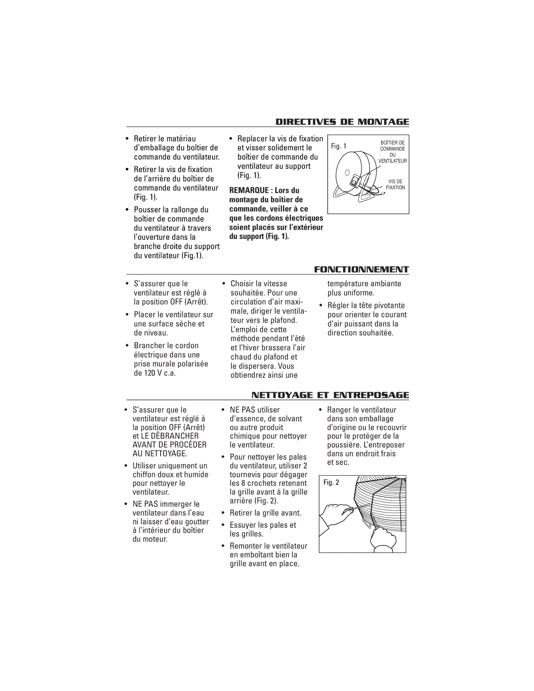 Honeywell HV140, HV180 owner manual Directives DE Montage, Fonctionnement, Nettoyage ET Entreposage 