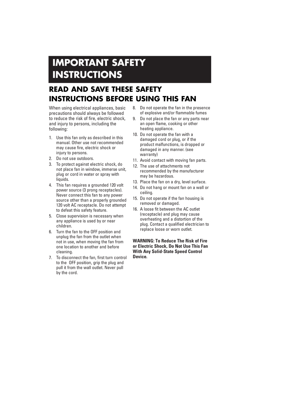 Honeywell HV140, HV180 Important Safety Instructions, Read And Save These Safety Instructions Before Using This Fan 