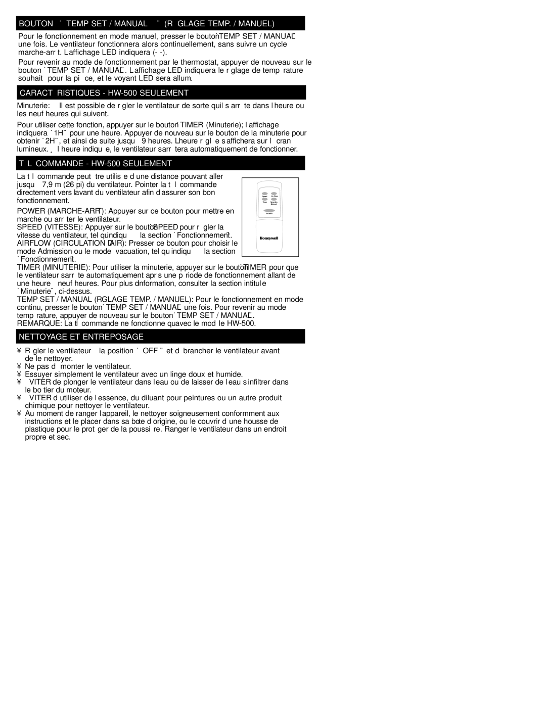 Honeywell HW-500C Series Bouton « Temp SET / Manual » Réglage TEMP. / Manuel, Caractéristiques HW-500 Seulement 