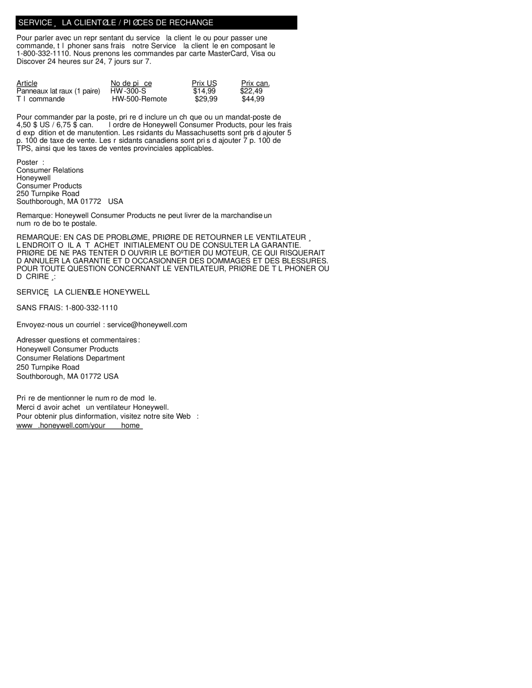 Honeywell HW-500 Series, HW-500C Series, HW-400C Series, HW-400 Series Service À LA Clientèle / Pièces DE Rechange 