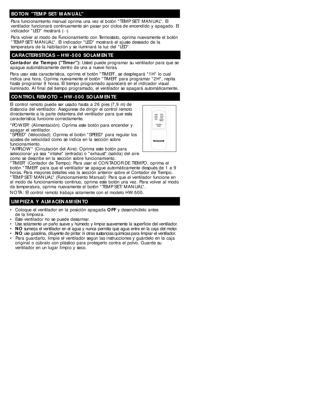 Honeywell HW-400 Series Boton Temp SET/MANUAL, Caracteristicas HW-500 Solamente, Control Remoto HW-500 Solamente 