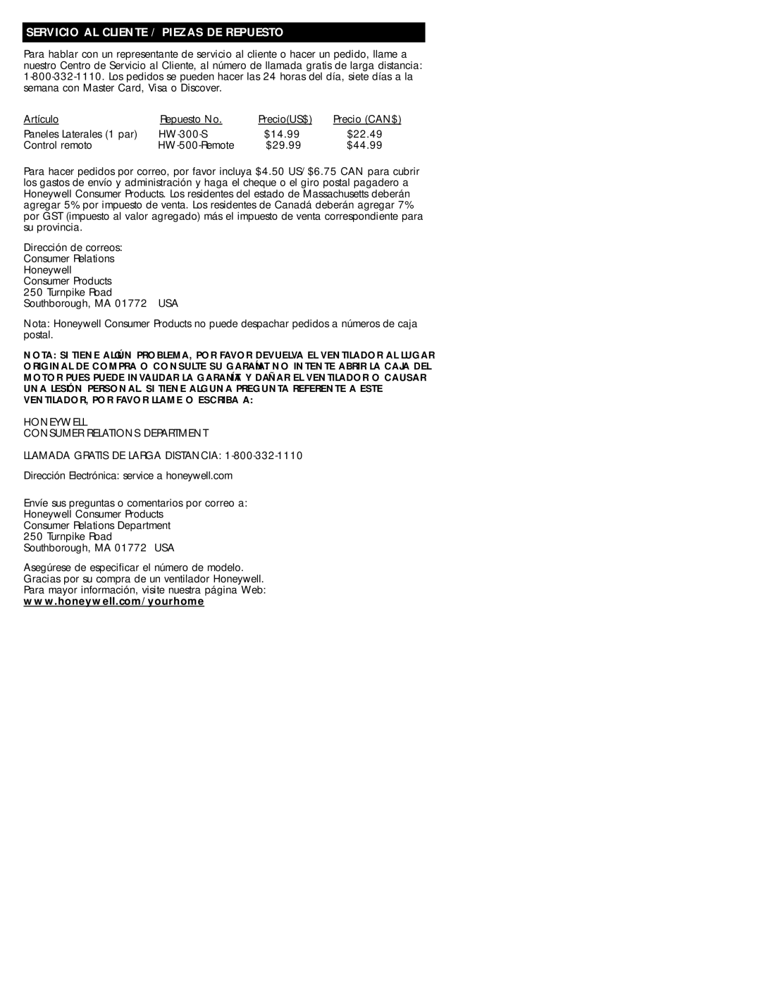 Honeywell HW-500C Series, HW-500 Series, HW-400C Series, HW-400 Series owner manual Servicio AL Cliente / Piezas DE Repuesto 