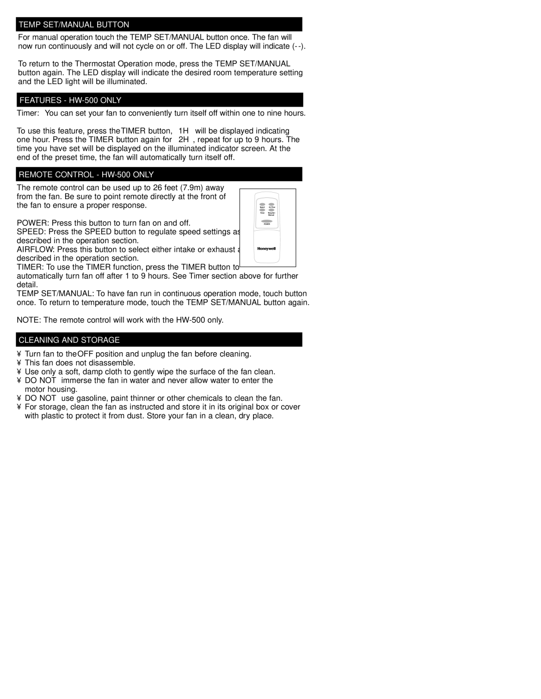Honeywell HW-500 Series Temp SET/MANUAL Button, Features HW-500 only, Remote Control HW-500 only, Cleaning and Storage 