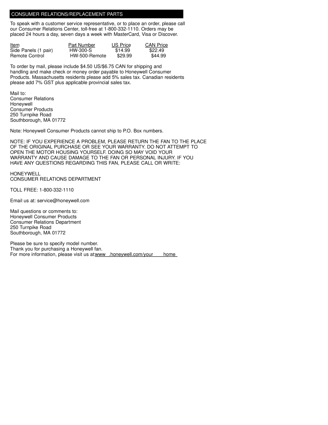 Honeywell HW-400C Series, HW-500C Series Consumer RELATIONS/REPLACEMENT Parts, Honeywell Consumer Relations Department 