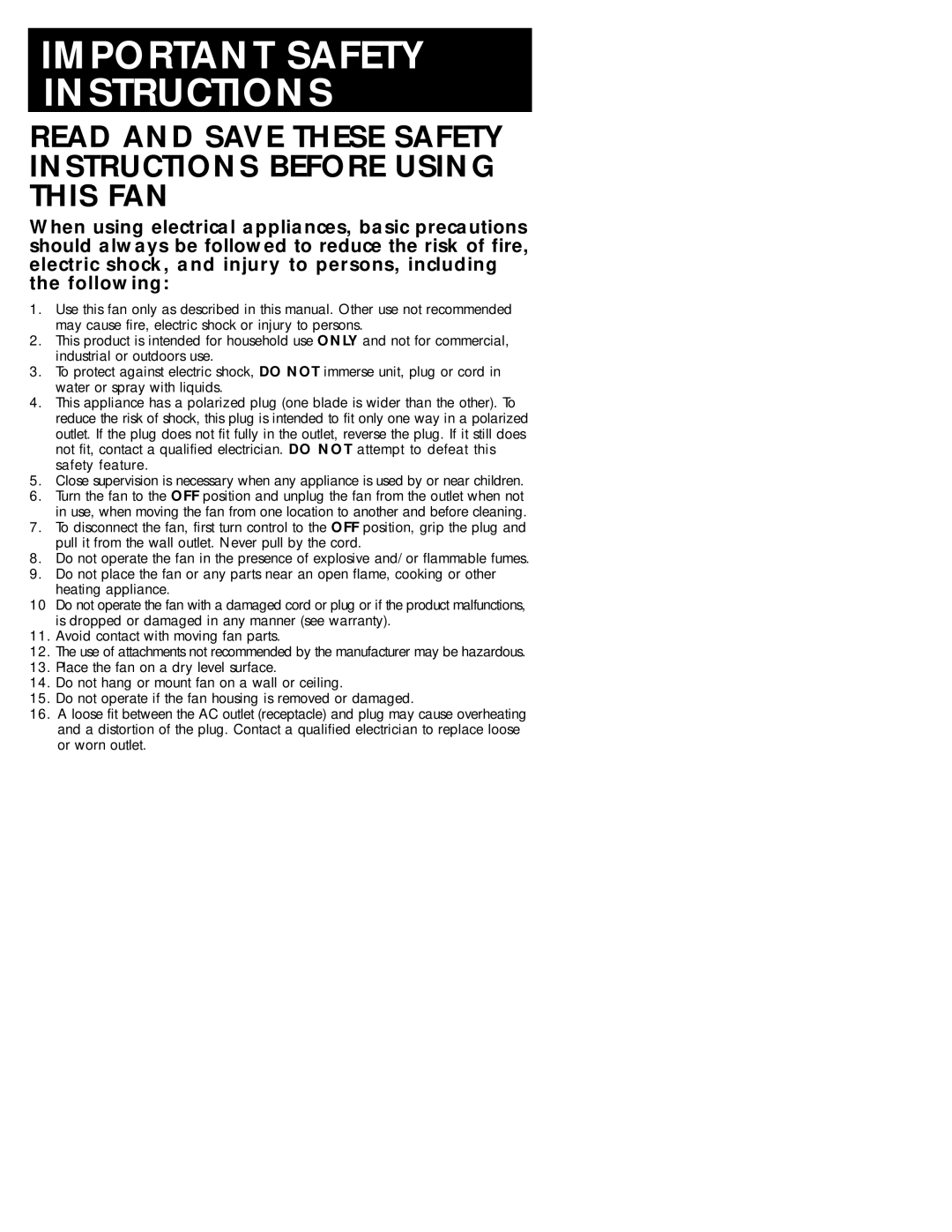 Honeywell HW-400C Series Important Safety Instructions, Read And Save These Safety Instructions Before Using This Fan 