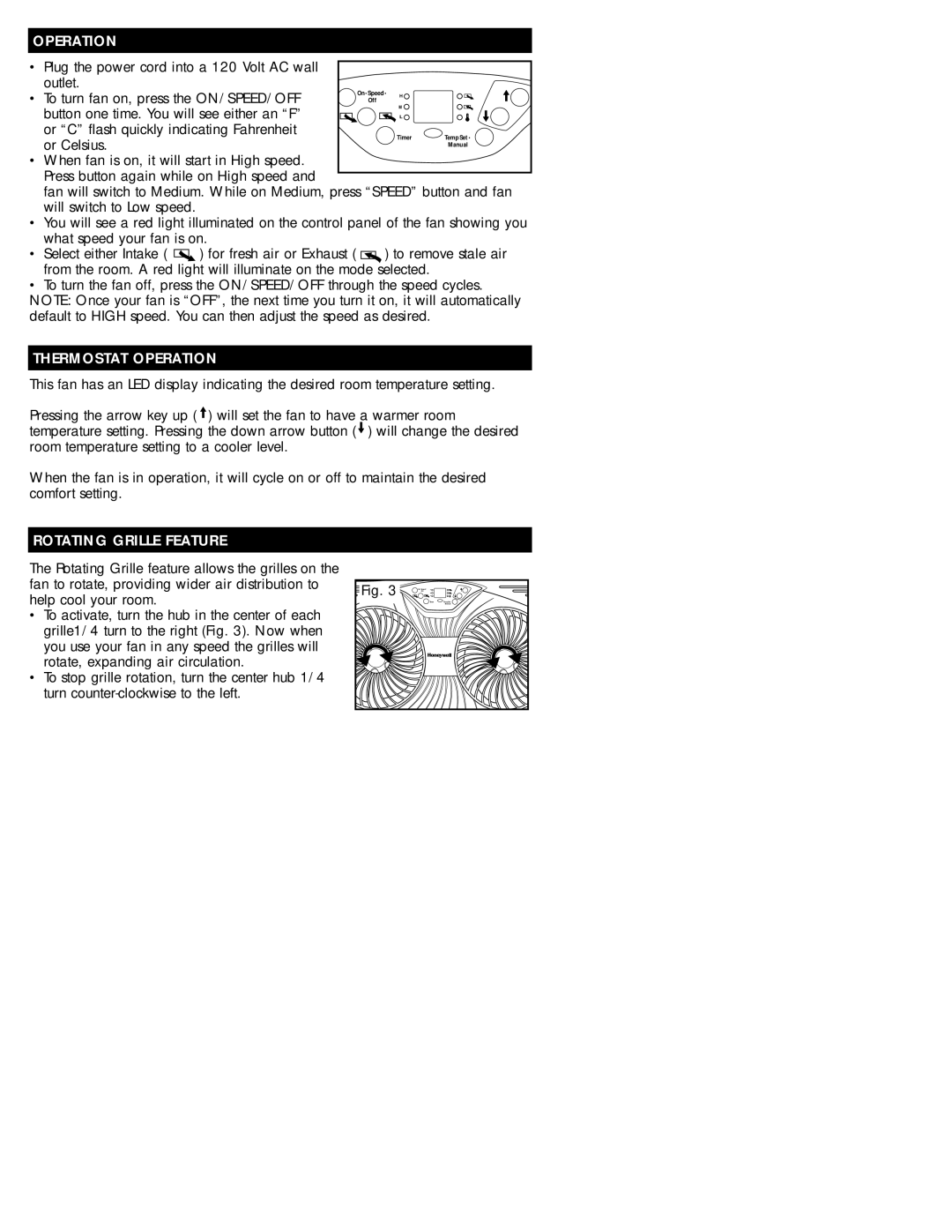 Honeywell HW-500C Series owner manual outlet, To turn fan on, press the ON/SPEED/OFF, or Celsius, Thermostat Operation 