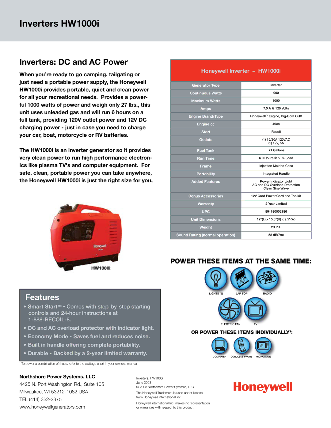 Honeywell manual Inverters HW1000i, Inverters DC and AC Power, Features, Honeywell Inverter HW1000i 