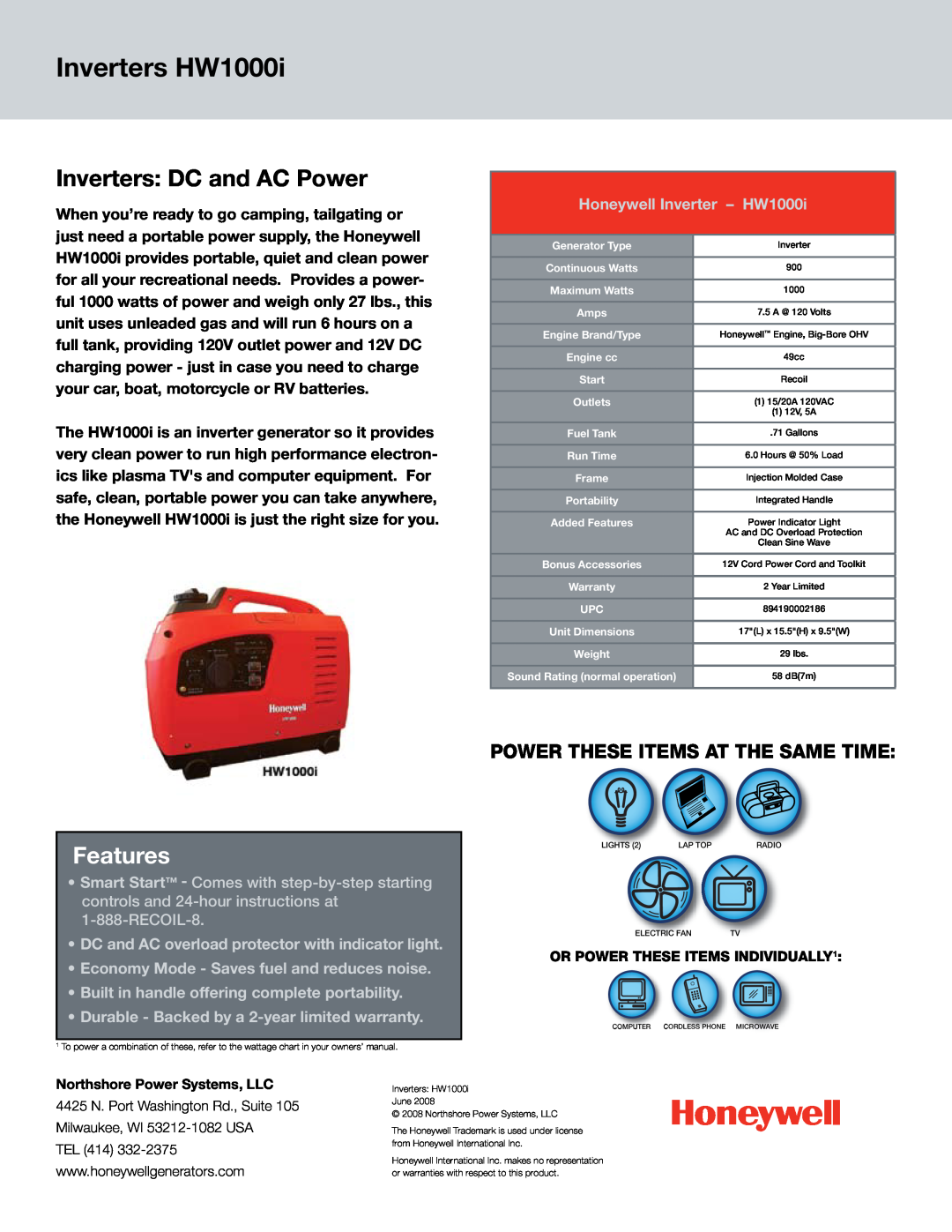 Honeywell manual Inverters HW1000i, Inverters DC and AC Power, Features, Power These Items At The Same Time 