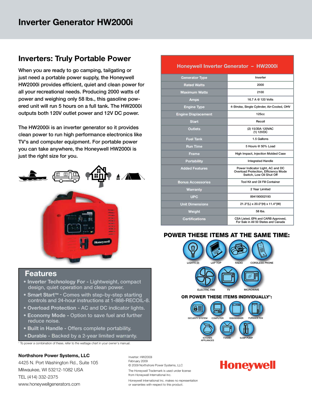 Honeywell warranty Inverter Generator HW2000i, Inverters Truly Portable Power, Features 