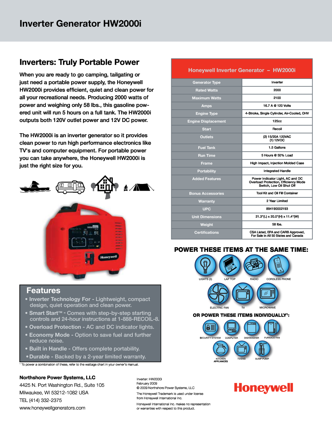 Honeywell warranty Inverter Generator HW2000i, Inverters Truly Portable Power, Features 