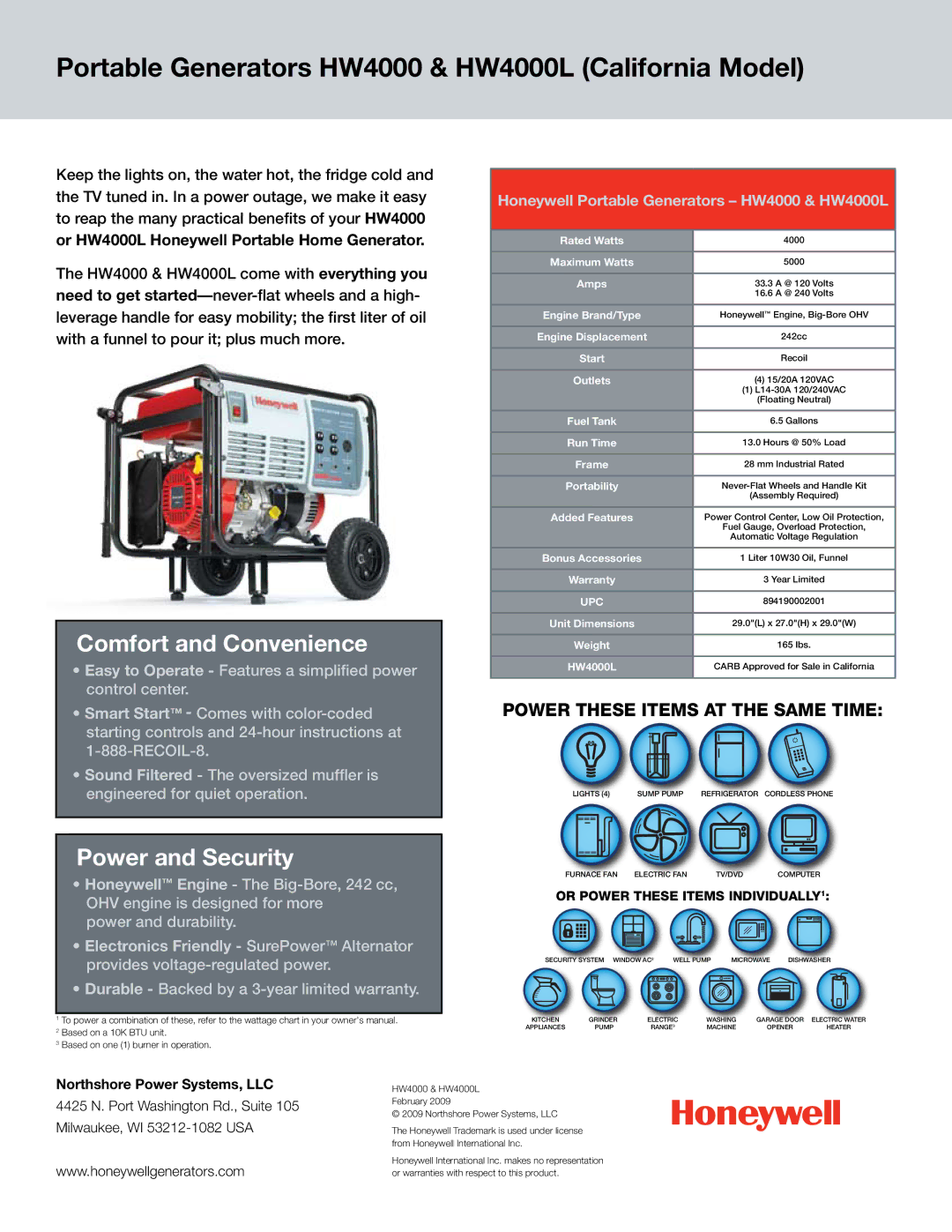 Honeywell HW4000L warranty Comfort and Convenience, Power and Security 