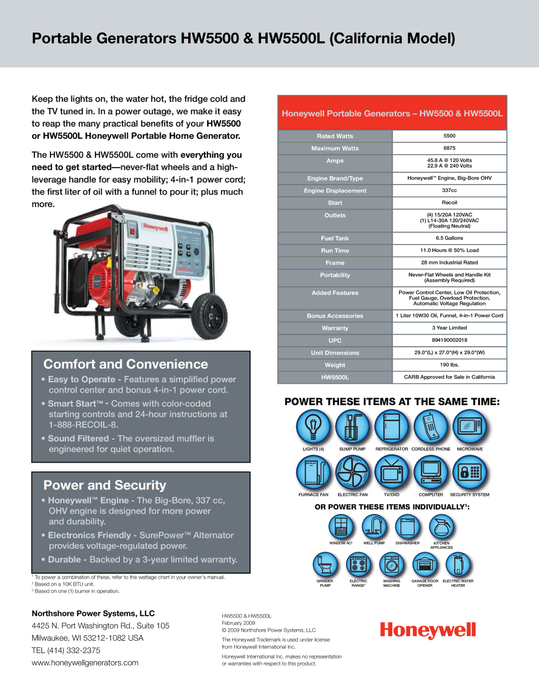 Honeywell warranty Portable Generators HW5500 & HW5500L California Model, Comfort and Convenience, Power and Security 