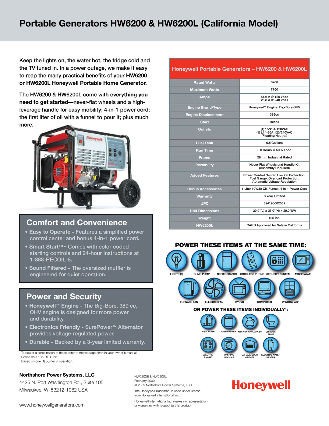 Honeywell warranty Portable Generators HW6200 & HW6200L California Model, Comfort and Convenience, Power and Security 