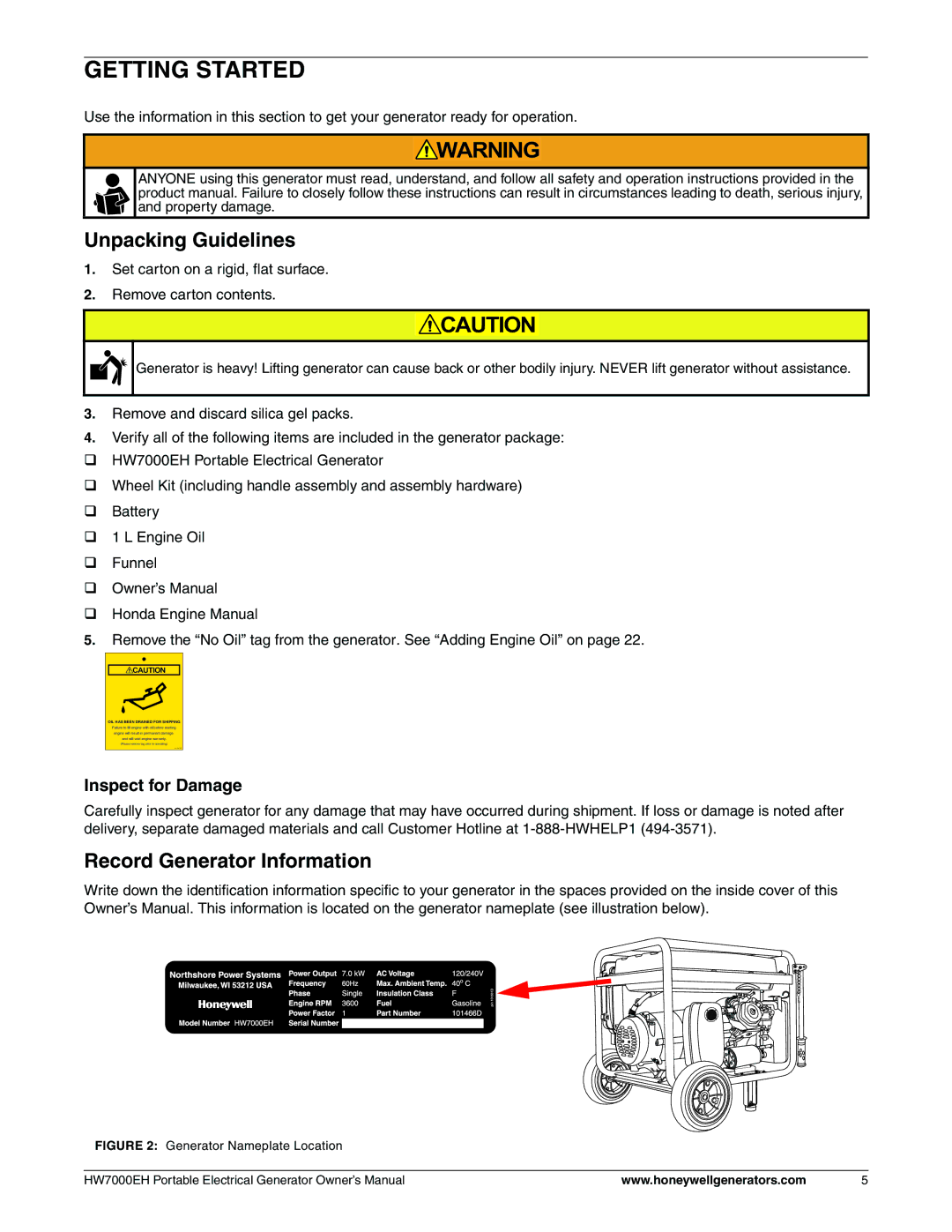 Honeywell HW7000EH owner manual Getting Started, Unpacking Guidelines, Record Generator Information, Inspect for Damage 