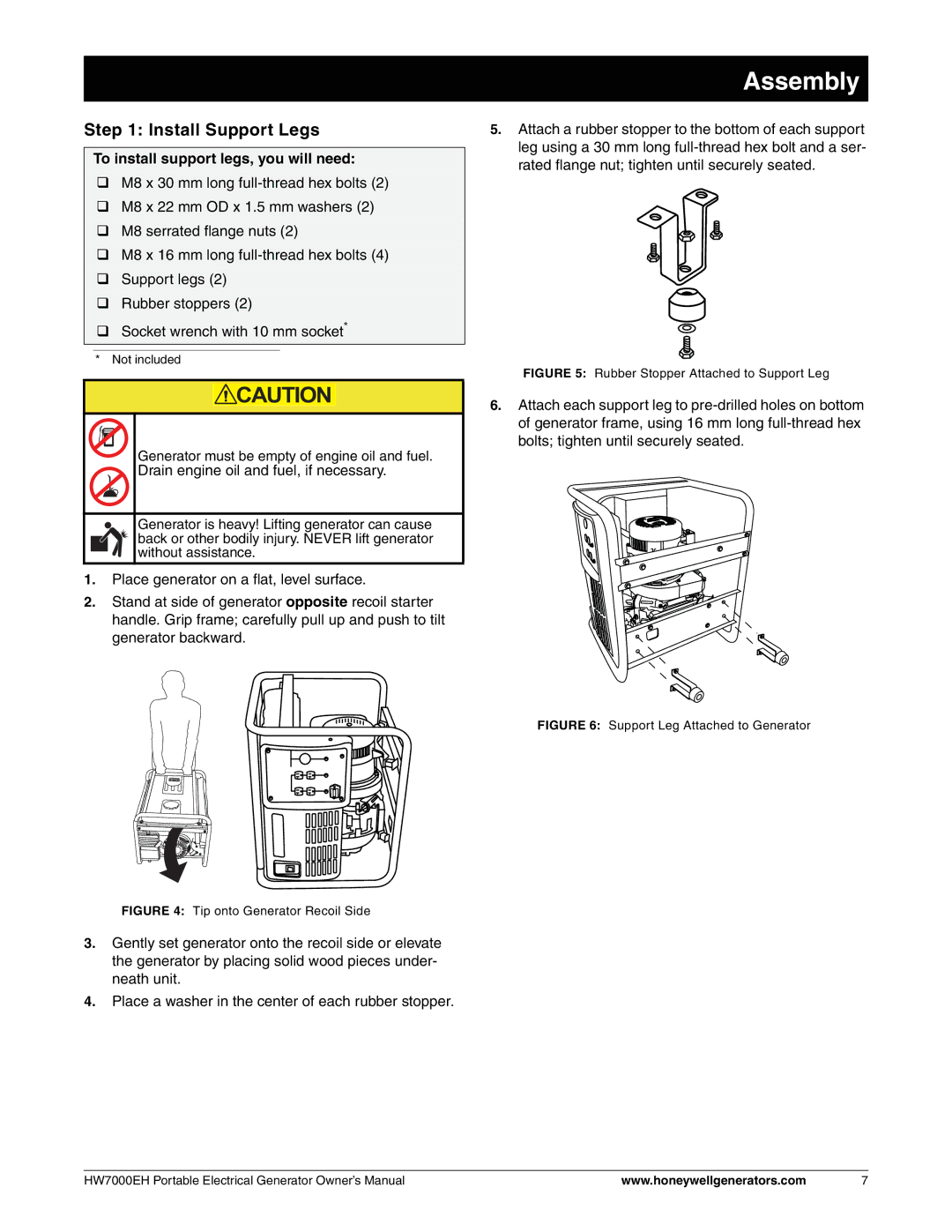 Honeywell HW7000EH owner manual Install Support Legs, To install support legs, you will need 