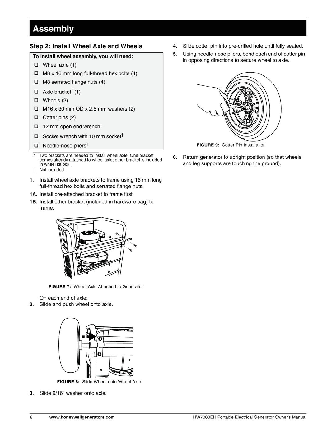 Honeywell HW7000EH owner manual Install Wheel Axle and Wheels, To install wheel assembly, you will need 