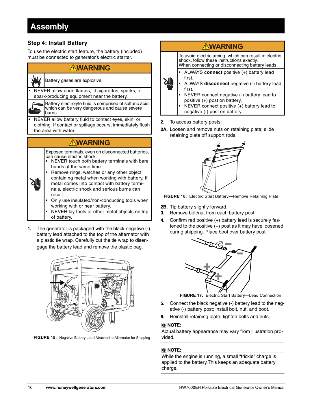 Honeywell HW7000EH owner manual Install Battery, Negative Battery Lead Attached to Alternator for Shipping 