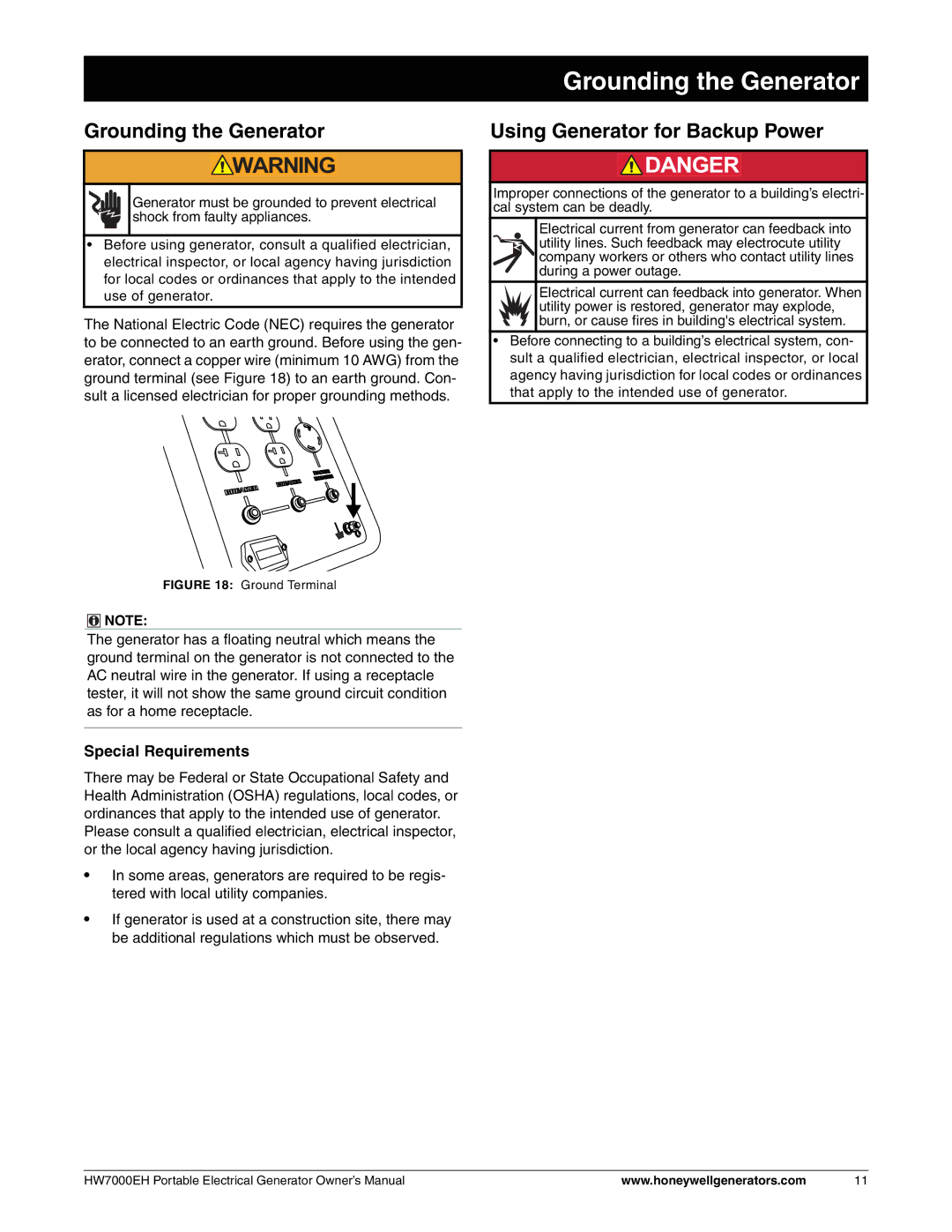 Honeywell HW7000EH owner manual Grounding the Generator, Using Generator for Backup Power, Special Requirements 