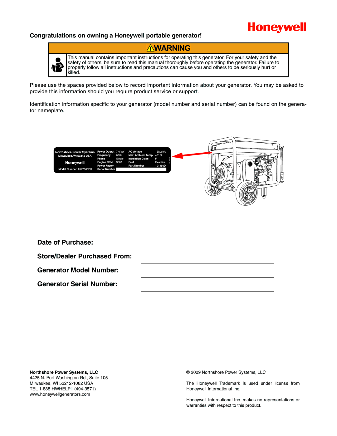 Honeywell HW7000EH owner manual Congratulations on owning a Honeywell portable generator, Northshore Power Systems, LLC 