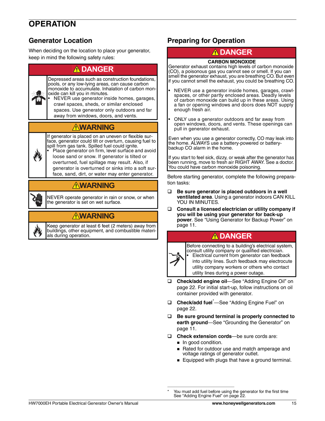 Honeywell HW7000EH owner manual Generator Location, Preparing for Operation 