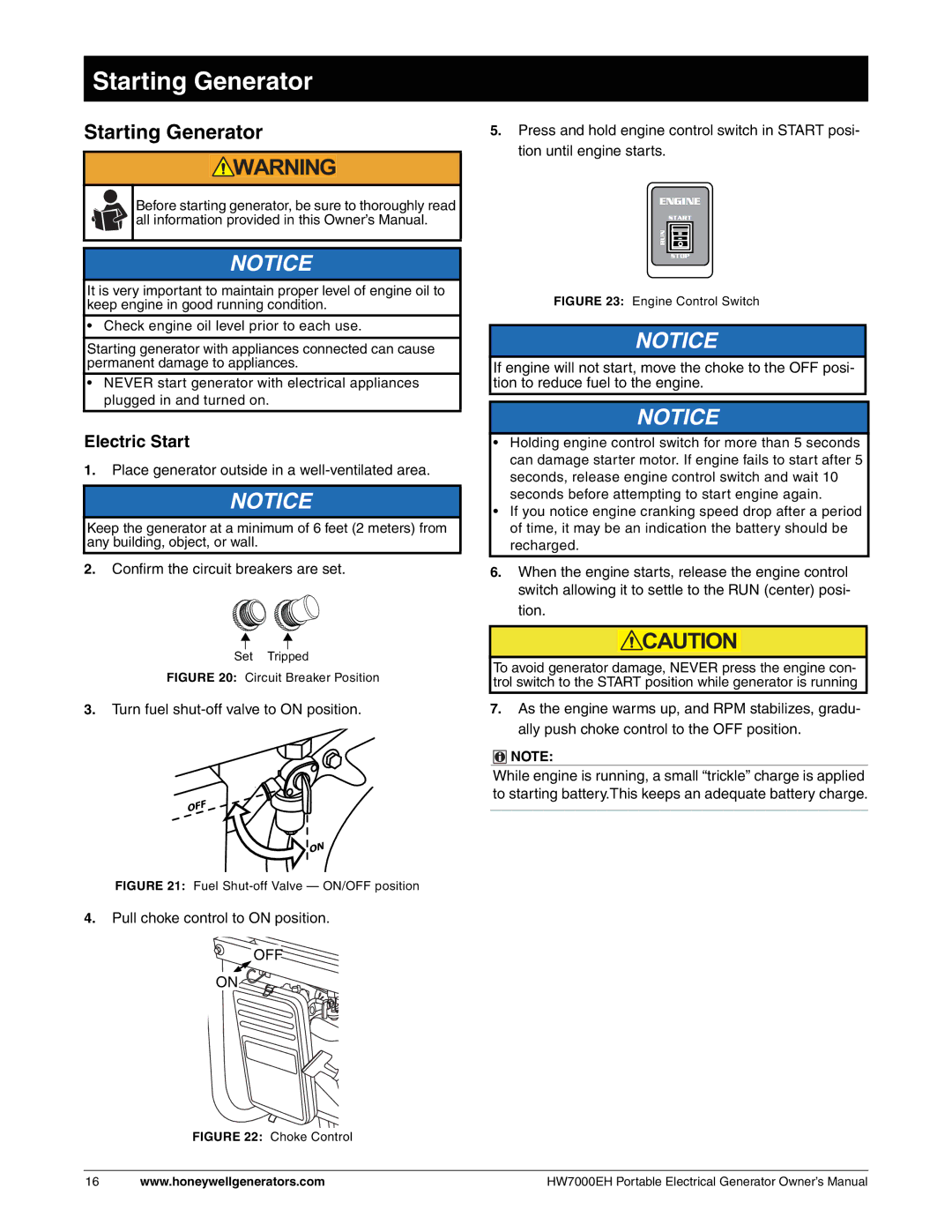 Honeywell HW7000EH owner manual Starting Generator, Electric Start 