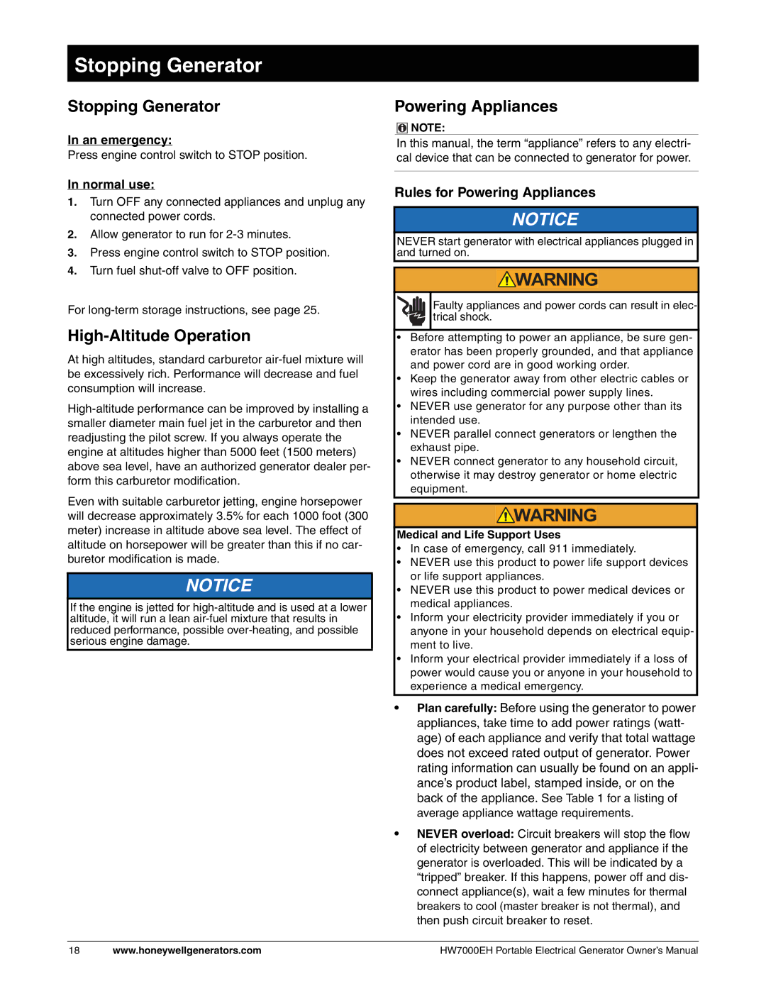 Honeywell HW7000EH owner manual Stopping Generator, High-Altitude Operation, Rules for Powering Appliances 