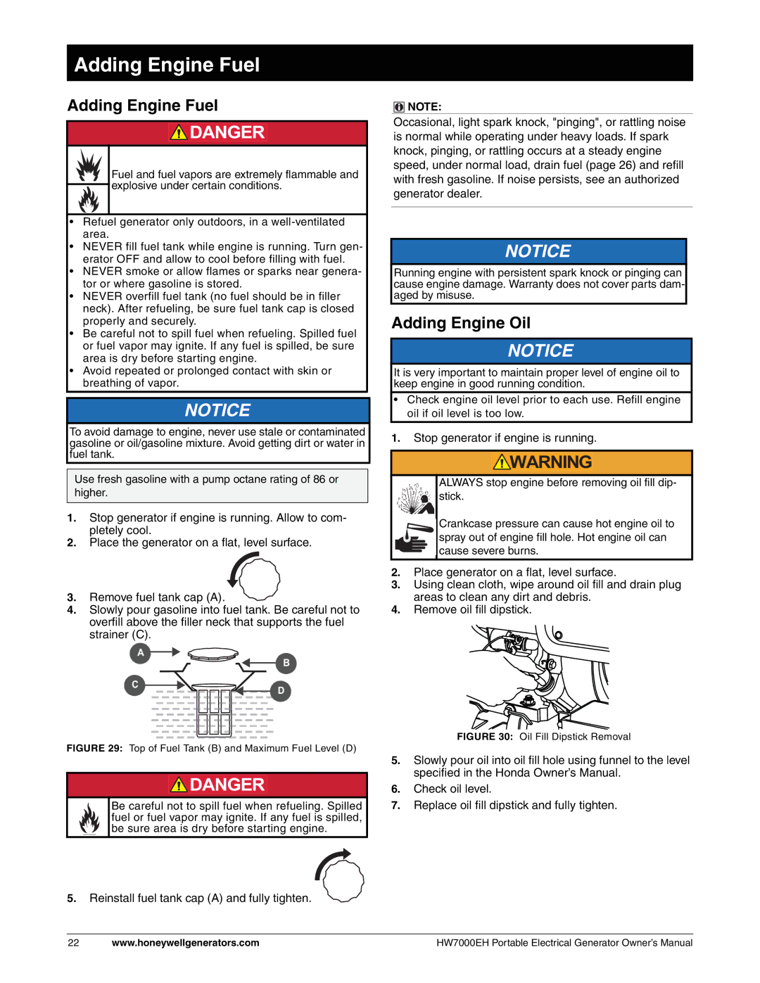 Honeywell HW7000EH owner manual Adding Engine Fuel, Adding Engine Oil 