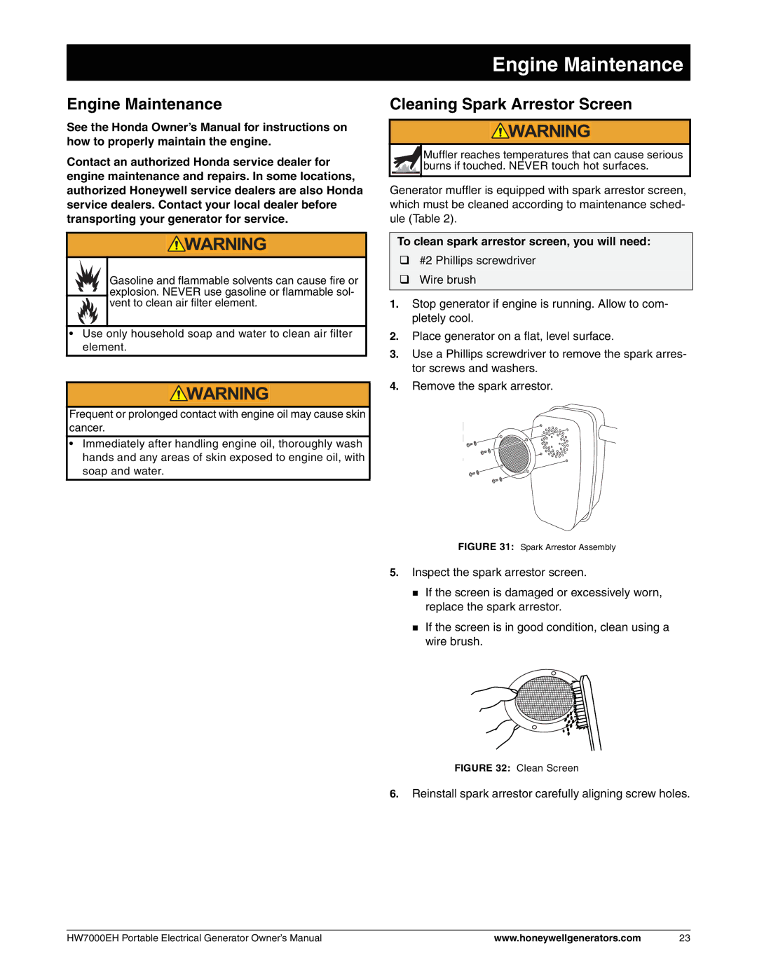 Honeywell HW7000EH Engine Maintenance, Cleaning Spark Arrestor Screen, To clean spark arrestor screen, you will need 