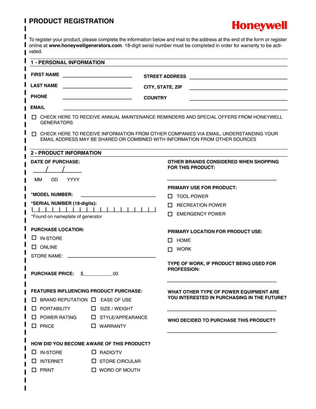 Honeywell HW7000EH owner manual Personal Information, Product Information 