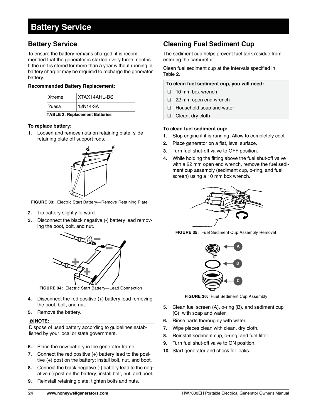 Honeywell HW7000EH owner manual Battery Service, Cleaning Fuel Sediment Cup 