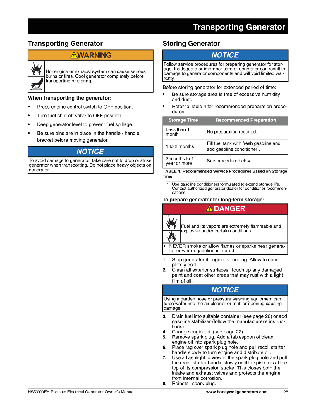 Honeywell HW7000EH owner manual Transporting Generator, Storing Generator, When transporting the generator 