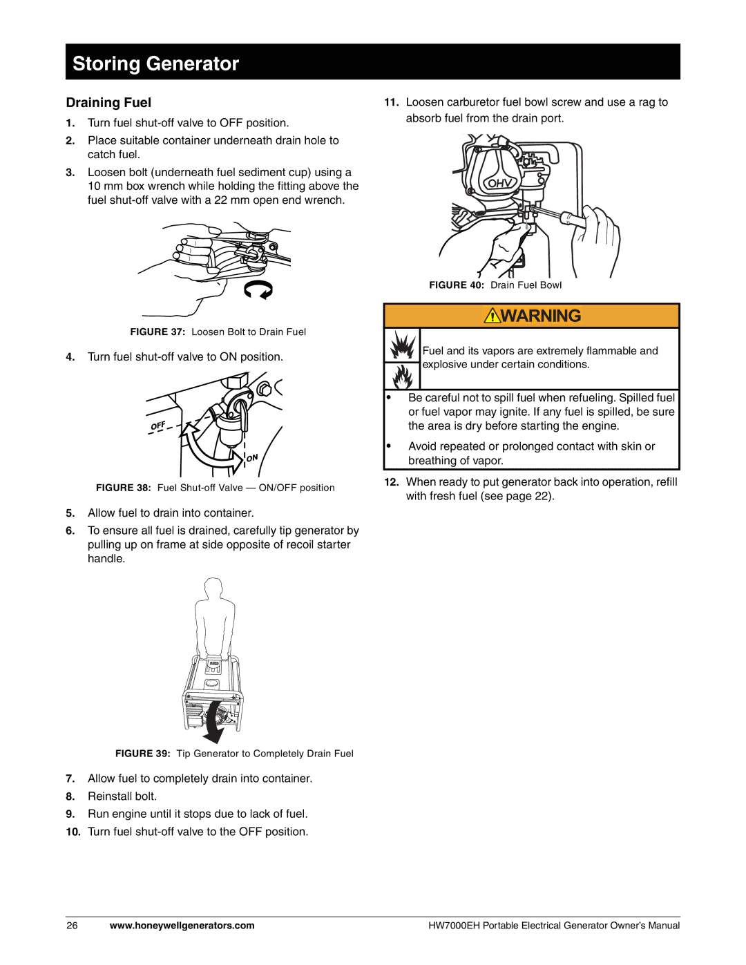 Honeywell HW7000EH owner manual Storing Generator, Draining Fuel 