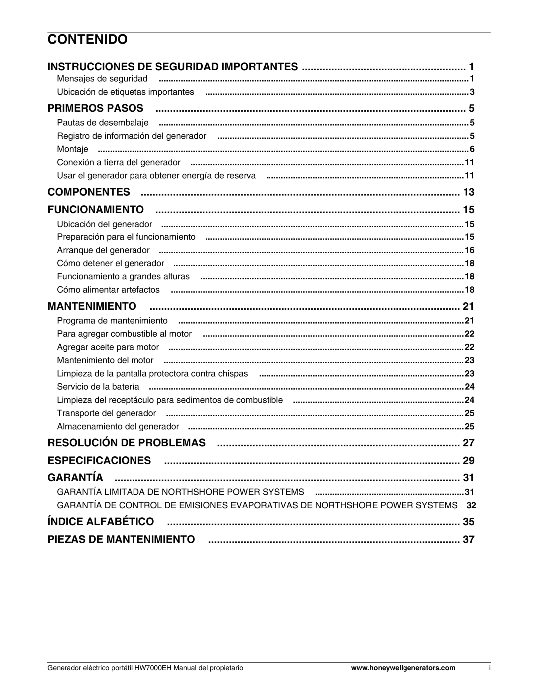 Honeywell HW7000EH owner manual Contenido, Usar el generador para obtener energía de reserva 