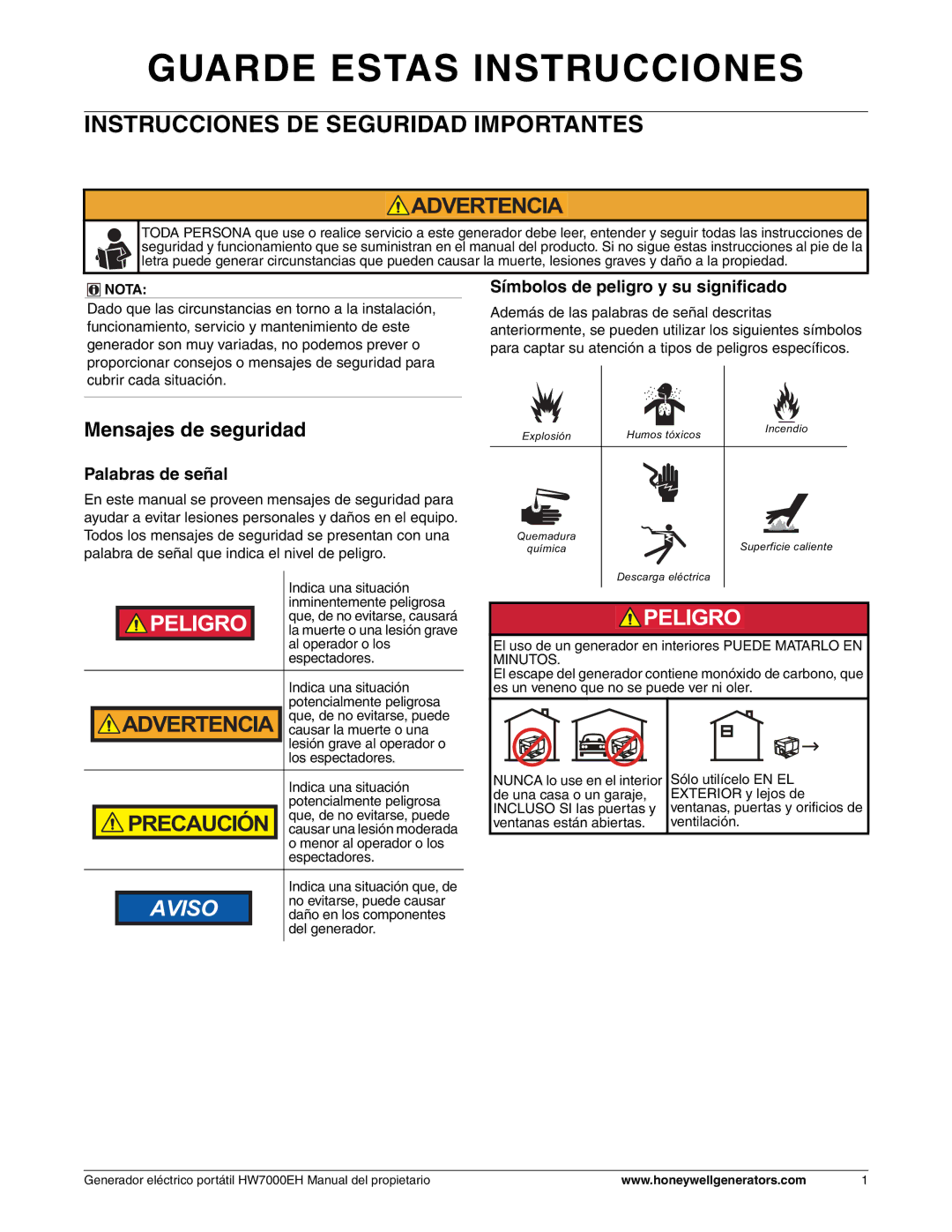 Honeywell HW7000EH owner manual Instrucciones DE Seguridad Importantes, Mensajes de seguridad, Palabras de señal 