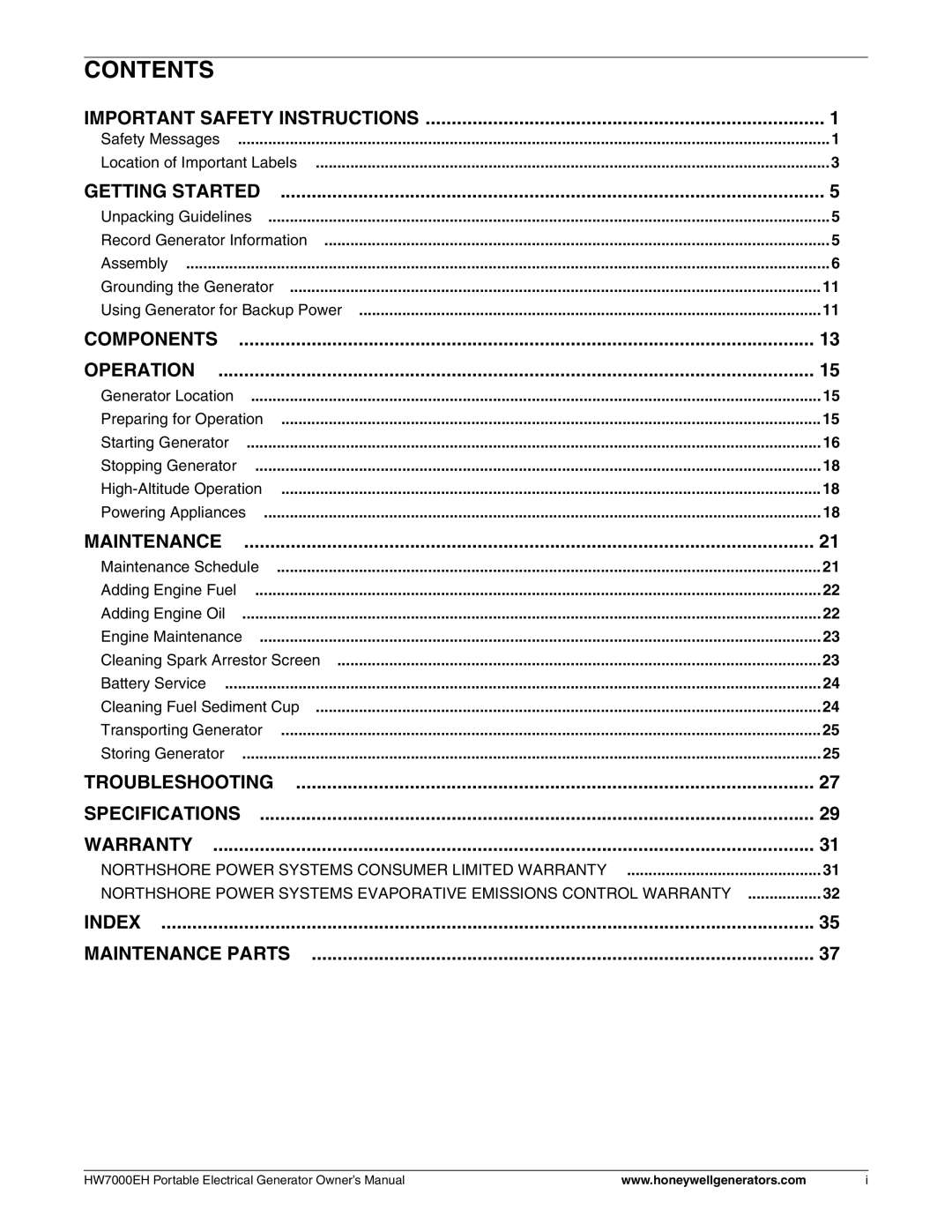 Honeywell HW7000EH owner manual Contents 