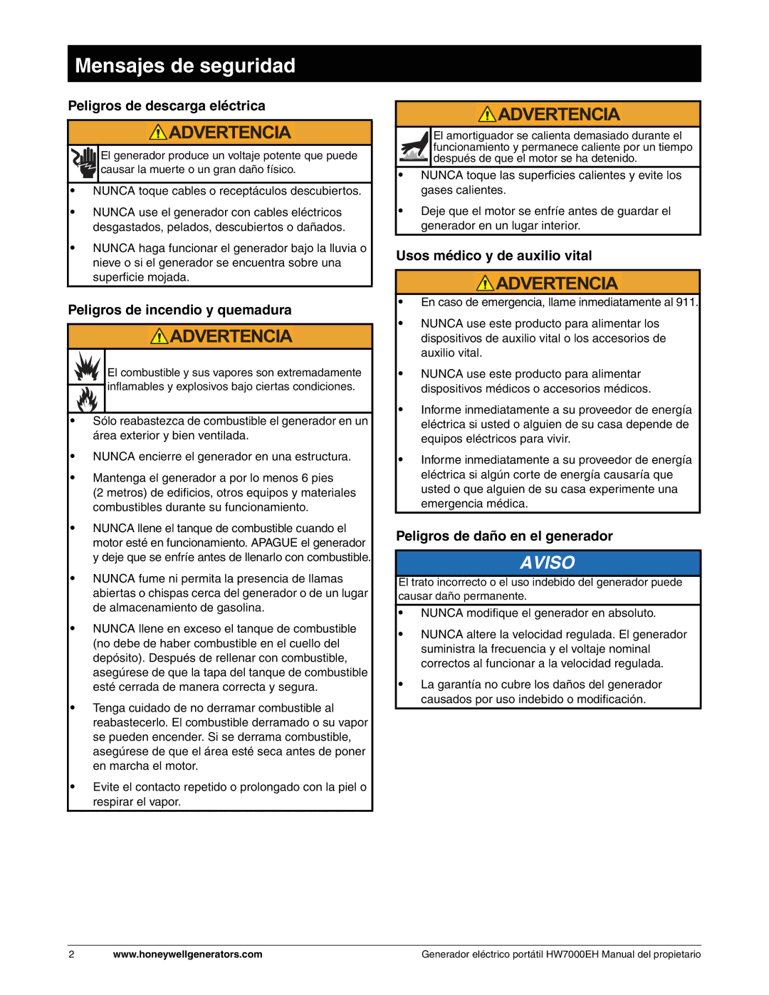 Honeywell HW7000EH owner manual Mensajes de seguridad, Peligros de descarga eléctrica, Peligros de incendio y quemadura 