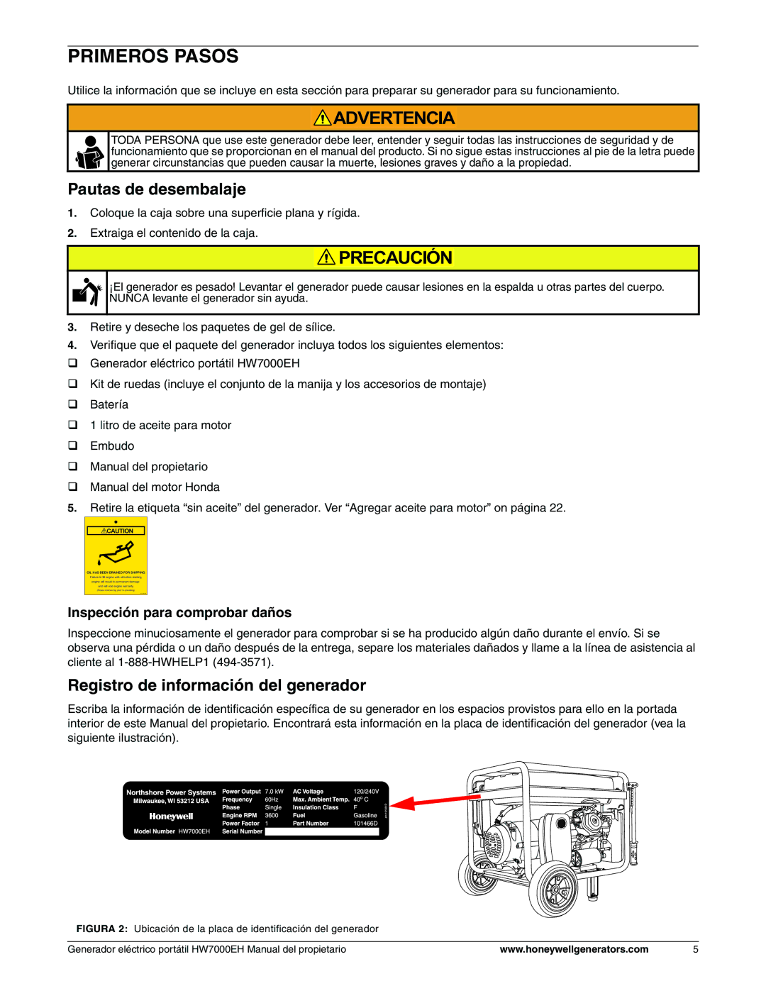 Honeywell HW7000EH owner manual Primeros Pasos, Pautas de desembalaje, Registro de información del generador 