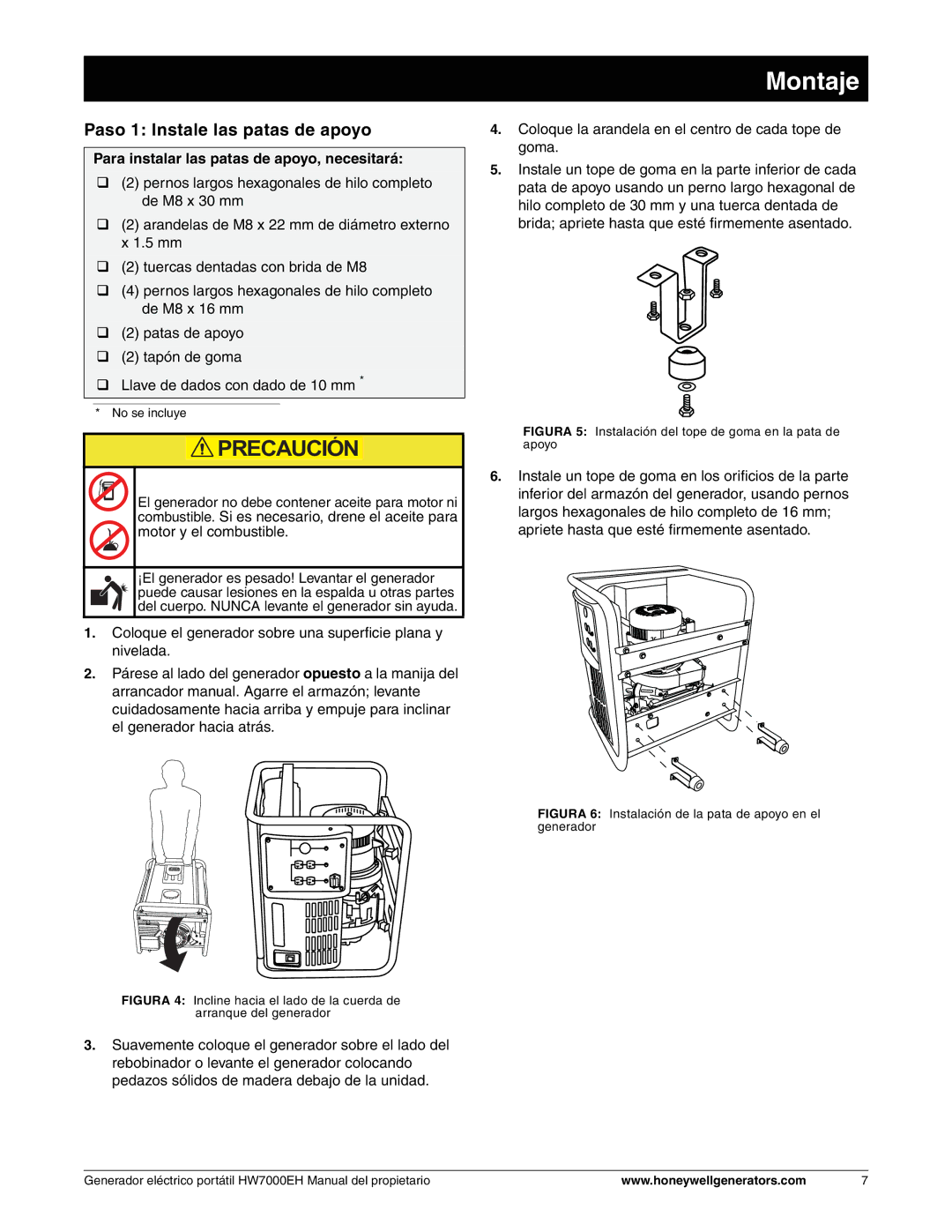 Honeywell HW7000EH owner manual Paso 1 Instale las patas de apoyo, Para instalar las patas de apoyo, necesitará 