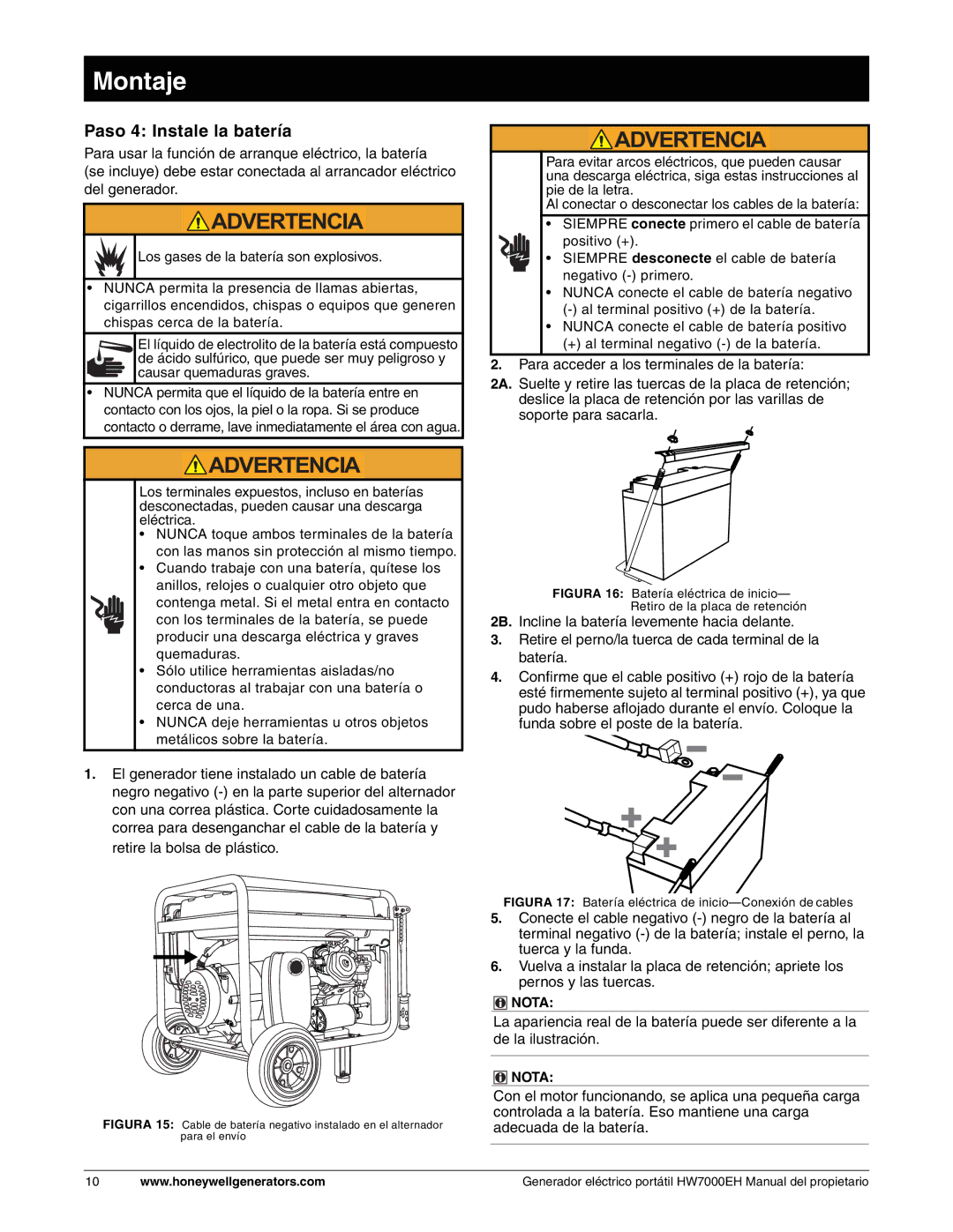 Honeywell HW7000EH owner manual Paso 4 Instale la batería, Figura 17 Batería eléctrica de inicio-Conexión de cables 