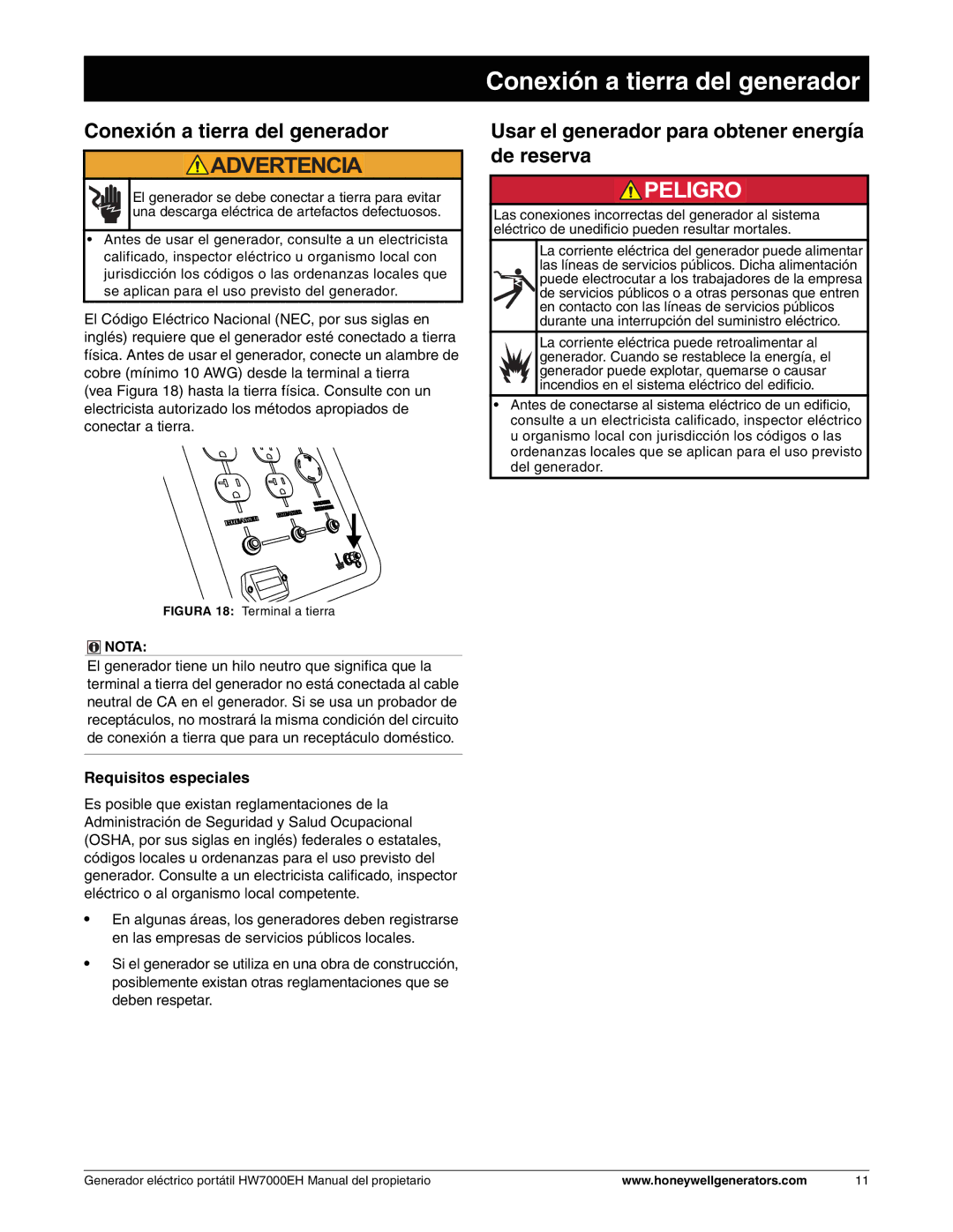 Honeywell HW7000EH owner manual Conexión a tierra del generador, Usar el generador para obtener energía de reserva 