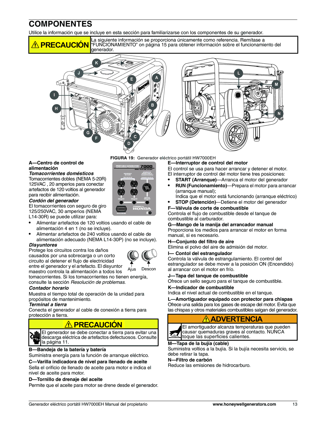 Honeywell HW7000EH owner manual Componentes, Cordón del generador 