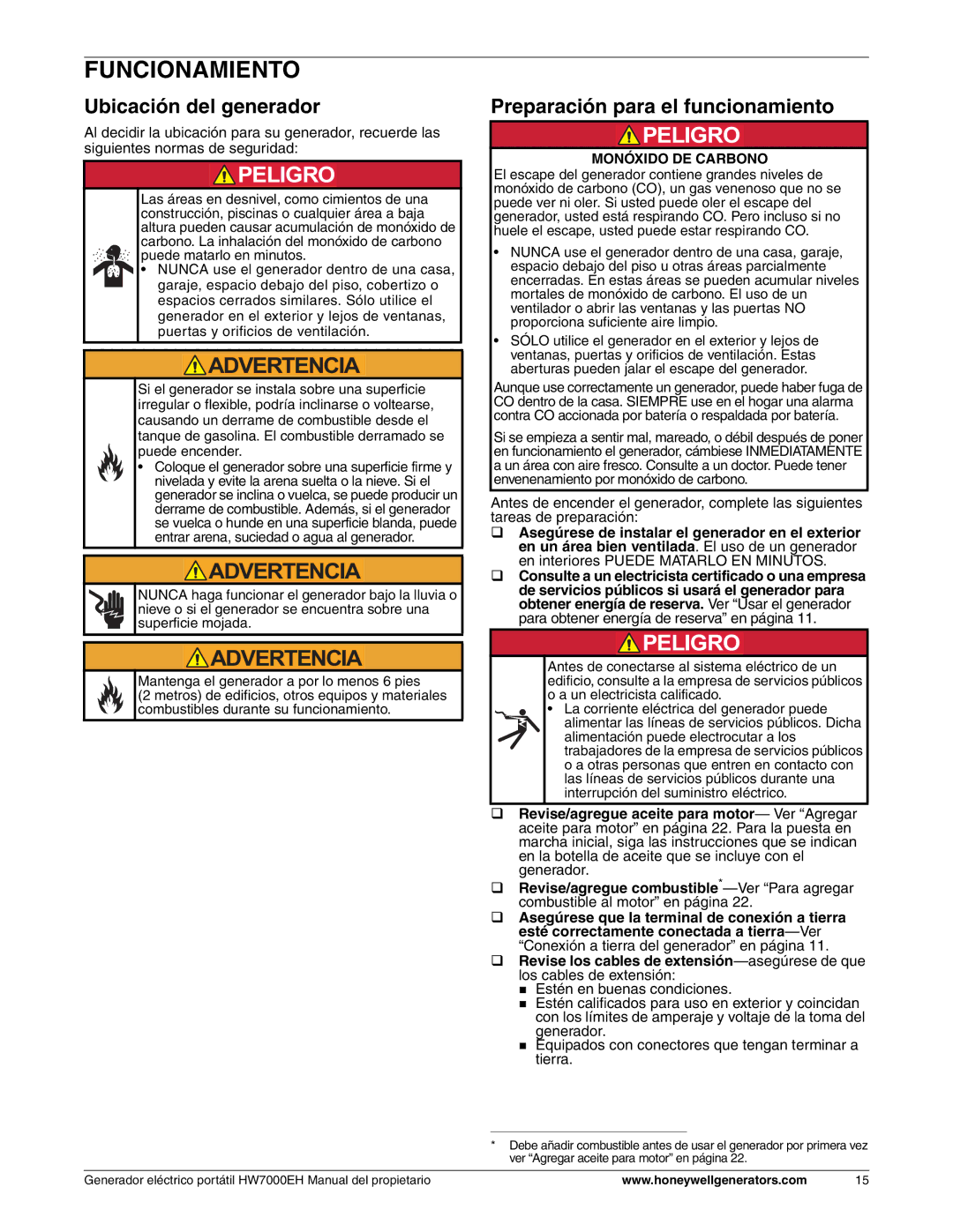 Honeywell HW7000EH owner manual Funcionamiento, Ubicación del generador, Preparación para el funcionamiento 