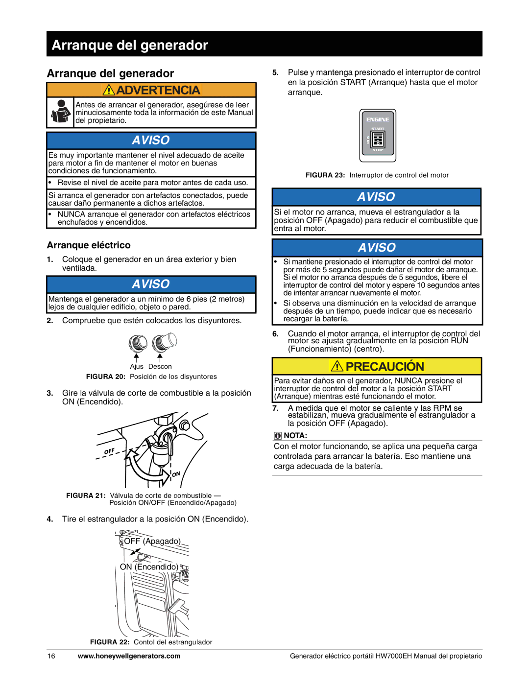 Honeywell HW7000EH owner manual Arranque del generador, Arranque eléctrico 