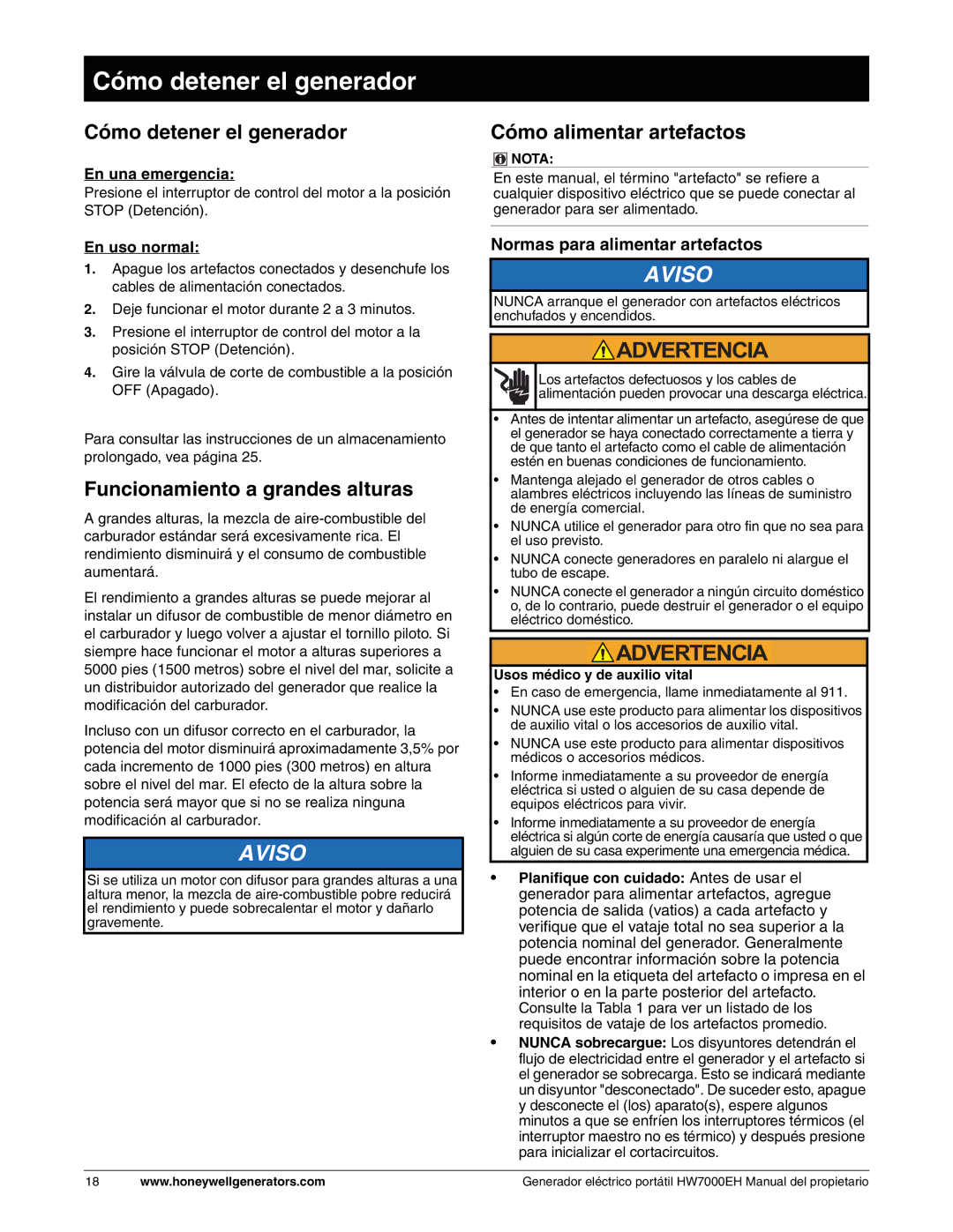 Honeywell HW7000EH owner manual Cómo detener el generador, Funcionamiento a grandes alturas, Cómo alimentar artefactos 