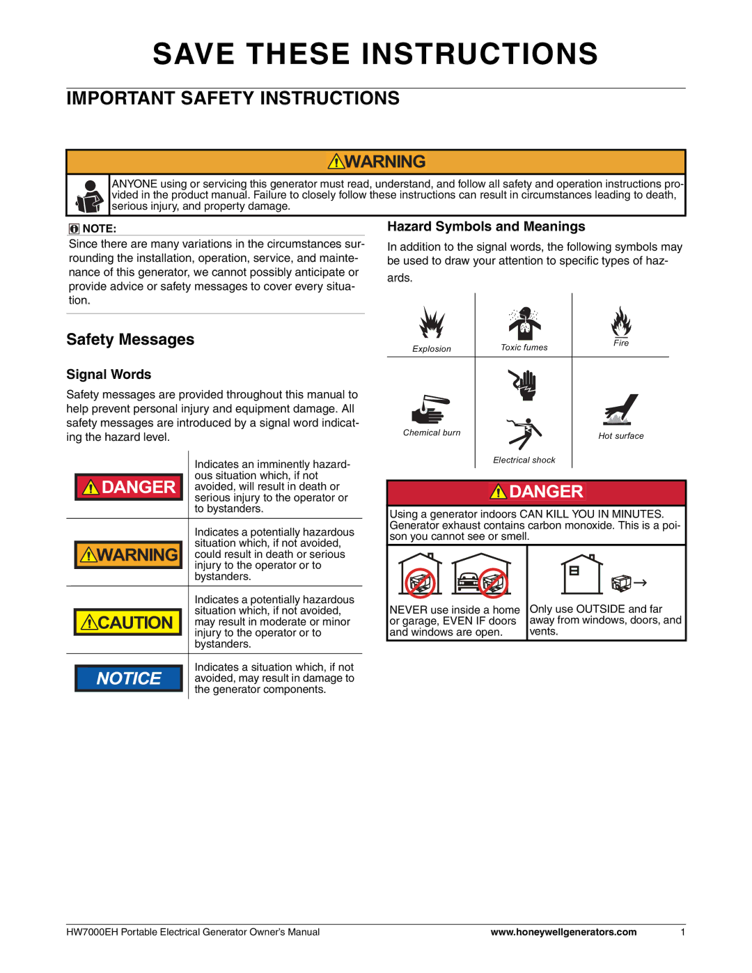 Honeywell HW7000EH owner manual Important Safety Instructions, Safety Messages, Signal Words, Hazard Symbols and Meanings 