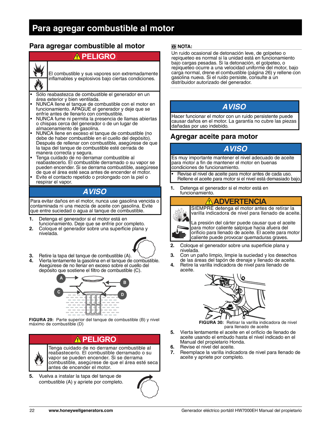 Honeywell HW7000EH owner manual Para agregar combustible al motor, Agregar aceite para motor 