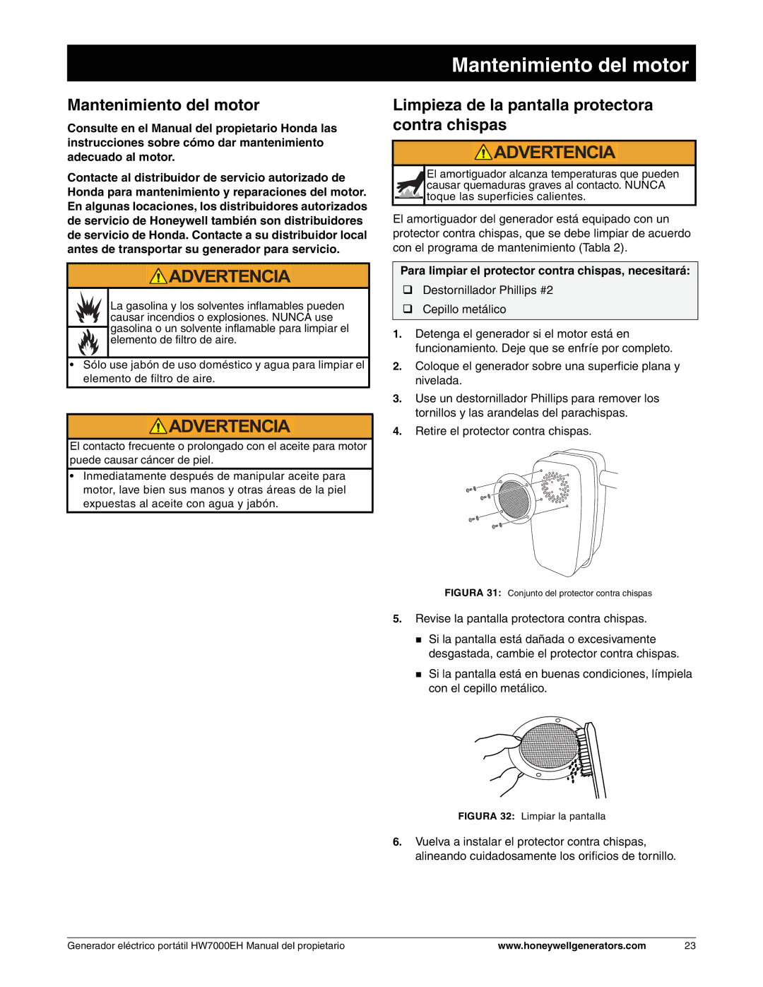 Honeywell HW7000EH owner manual Mantenimiento del motor, Limpieza de la pantalla protectora contra chispas 