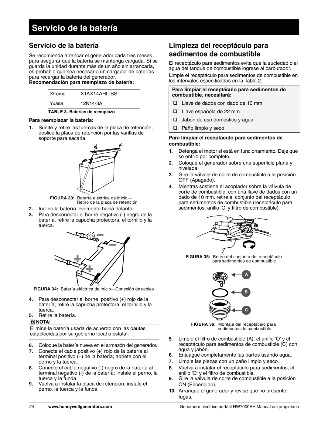 Honeywell HW7000EH owner manual Servicio de la batería, Limpieza del receptáculo para sedimentos de combustible 