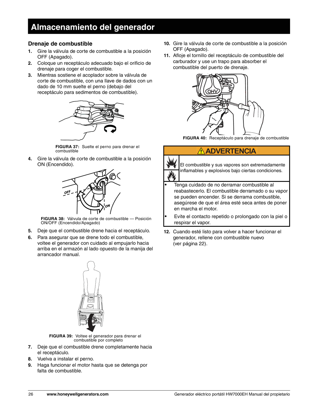 Honeywell HW7000EH owner manual Almacenamiento del generador, Drenaje de combustible 